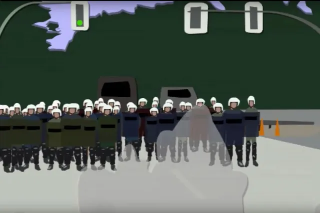 An animation of about two police officers dressed in riot gear on a street.  