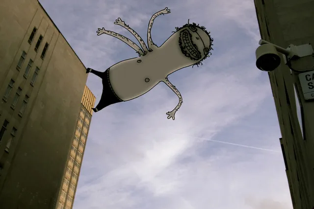 An illustration of a human like man with three arms on the left side wearing only pants. He's seemingly is walking over the edge of a building defying gravity. 