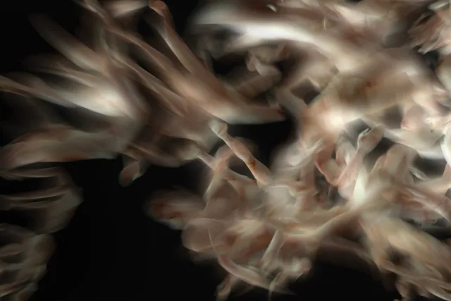 Abstract image of wispy pale human-esque forms floating through black space. 
