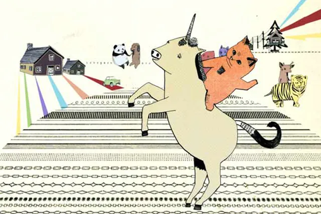 An illustration of an orange cate riding a white unicorn with a cabin in the background. A deer riding a tiger and a panda holding hands with a dog are also in the background. 