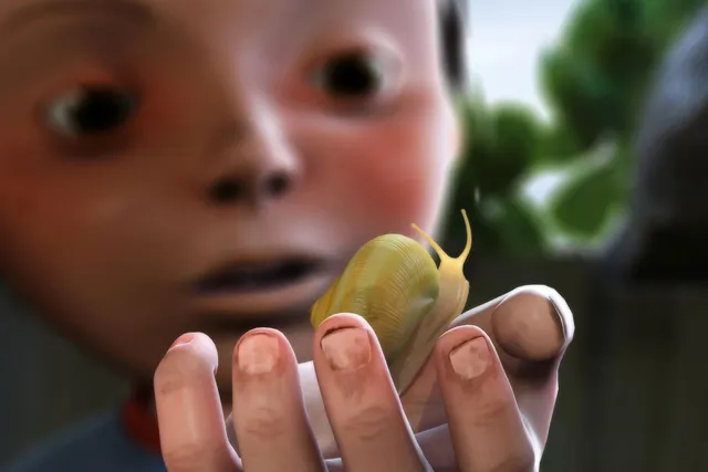 A CGI image of a young child holding a yellow snail up to the viewer. 