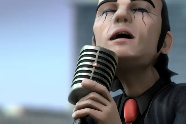 An animated image of a performer wearing dramatic black eyeliner, a black button up, and red tie, singing into a vintage style microphone. 
