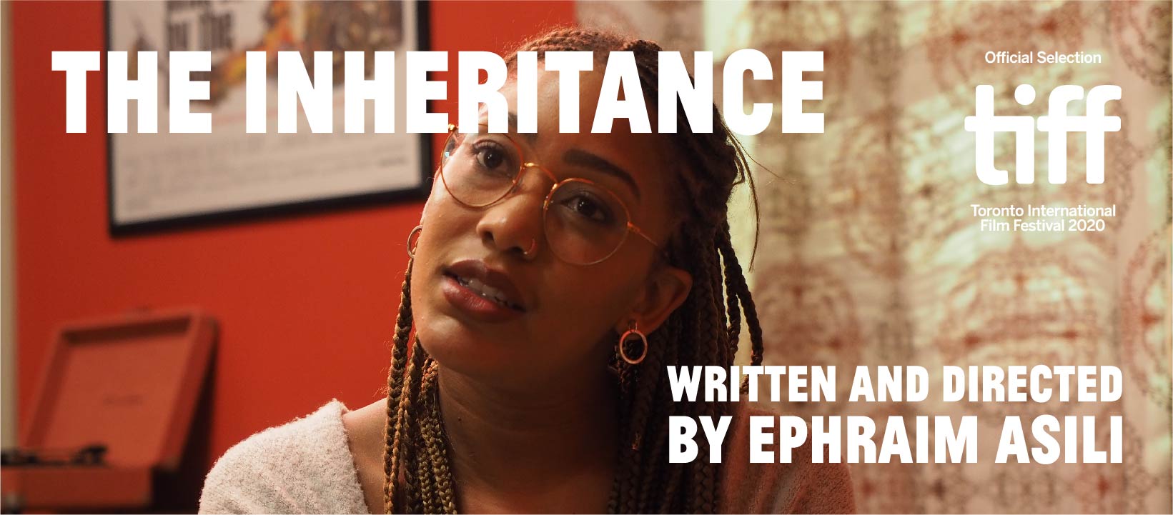 A Black woman with glasses listening to someone in a red room with African imagery on the walls, The Inheritance Written and Directed by Ephraim Asili. 
