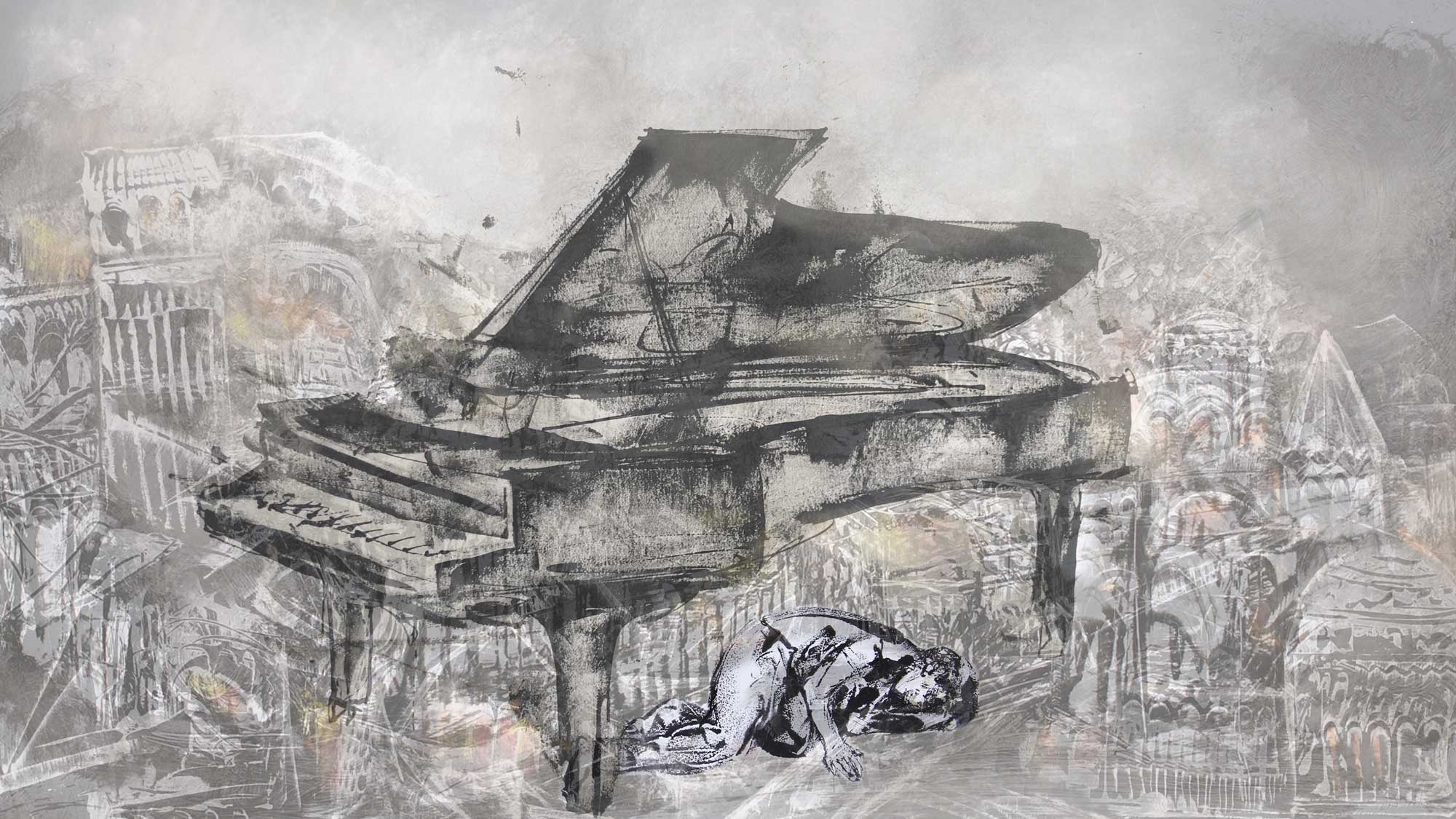 A sketch of a grand piano with a person curled up underneath it. 