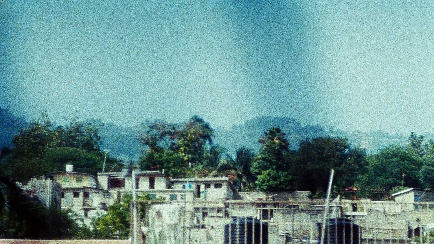 a noisy film image of a neighborhood bordering a jungle.