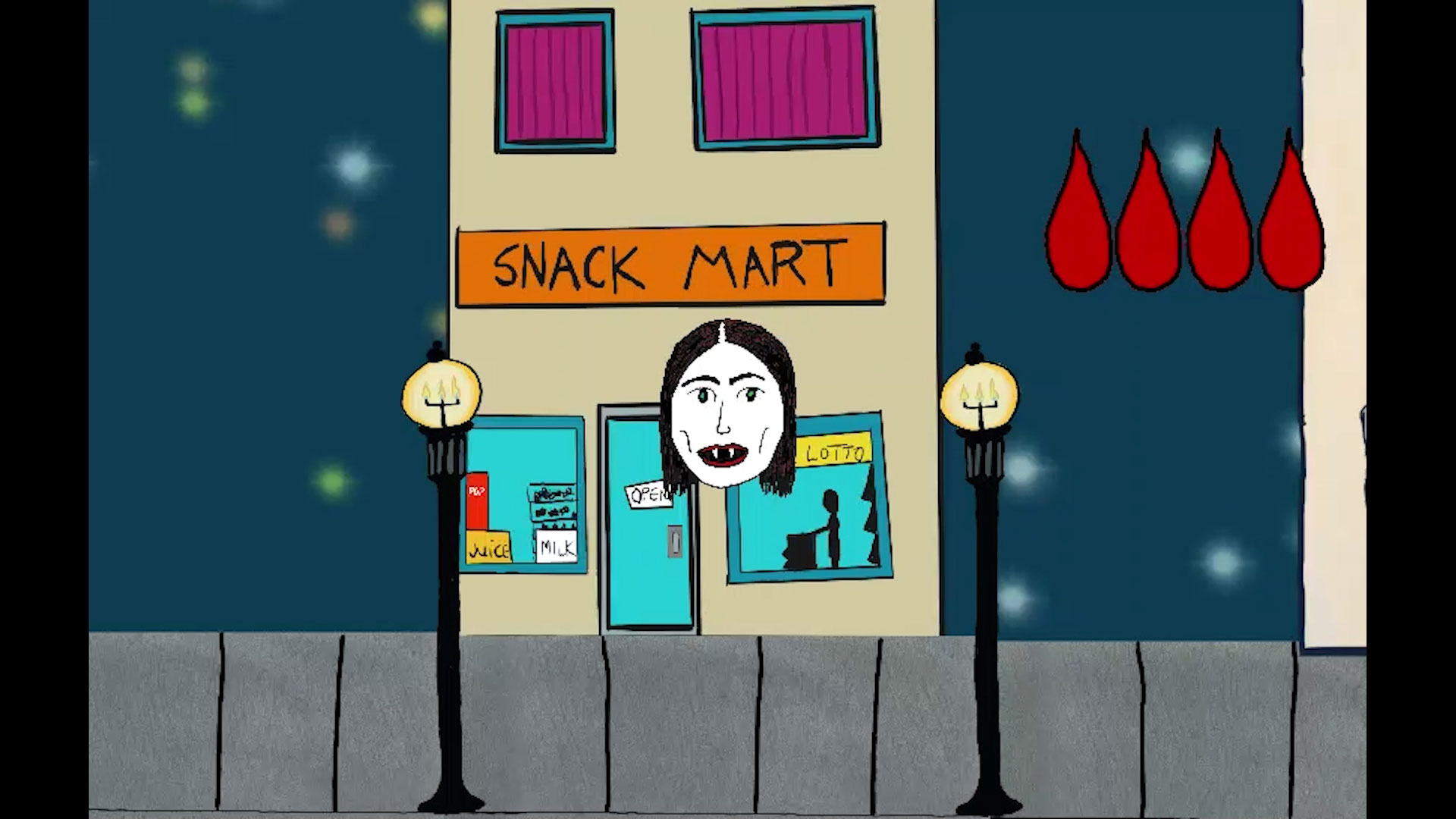 a lesbian vampire cartoon illustration with a building reading "snack mart"