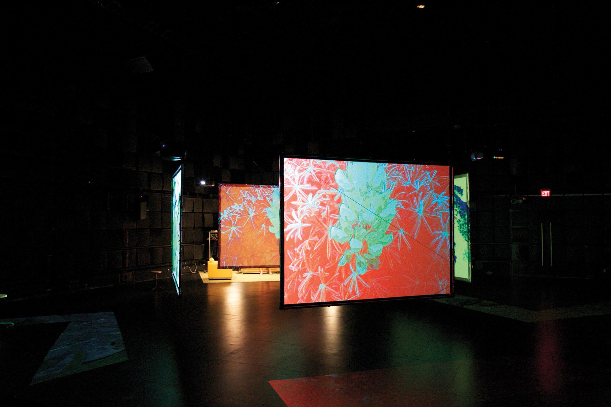 Multipel screens hung in a black box theater depicting red and teal asian inspired flowers. The screens are hung in such a way to create a compartmentalized space. 