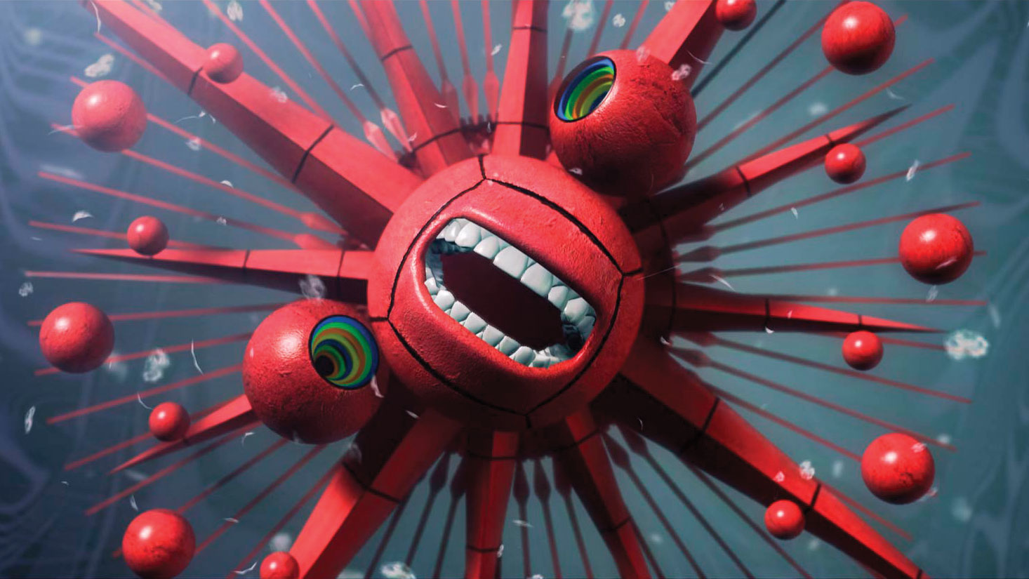 A computer generated image of a 3D red starburst shape with human teeth and green eye's on opposite sides of the mouth on a steel blue background. 