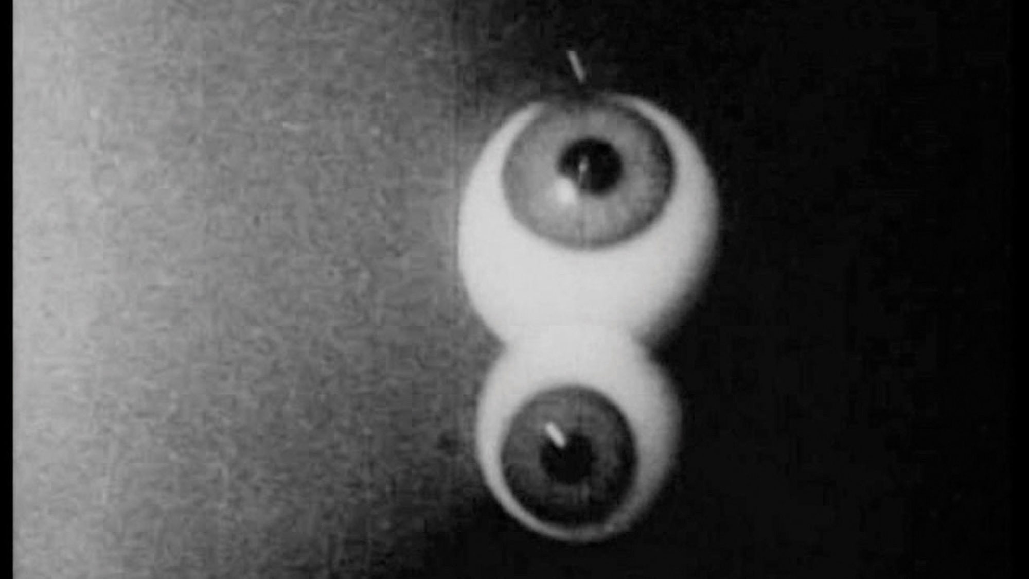 Black and white still of two horizontal eyeballs, with the top larger than the bottom. 