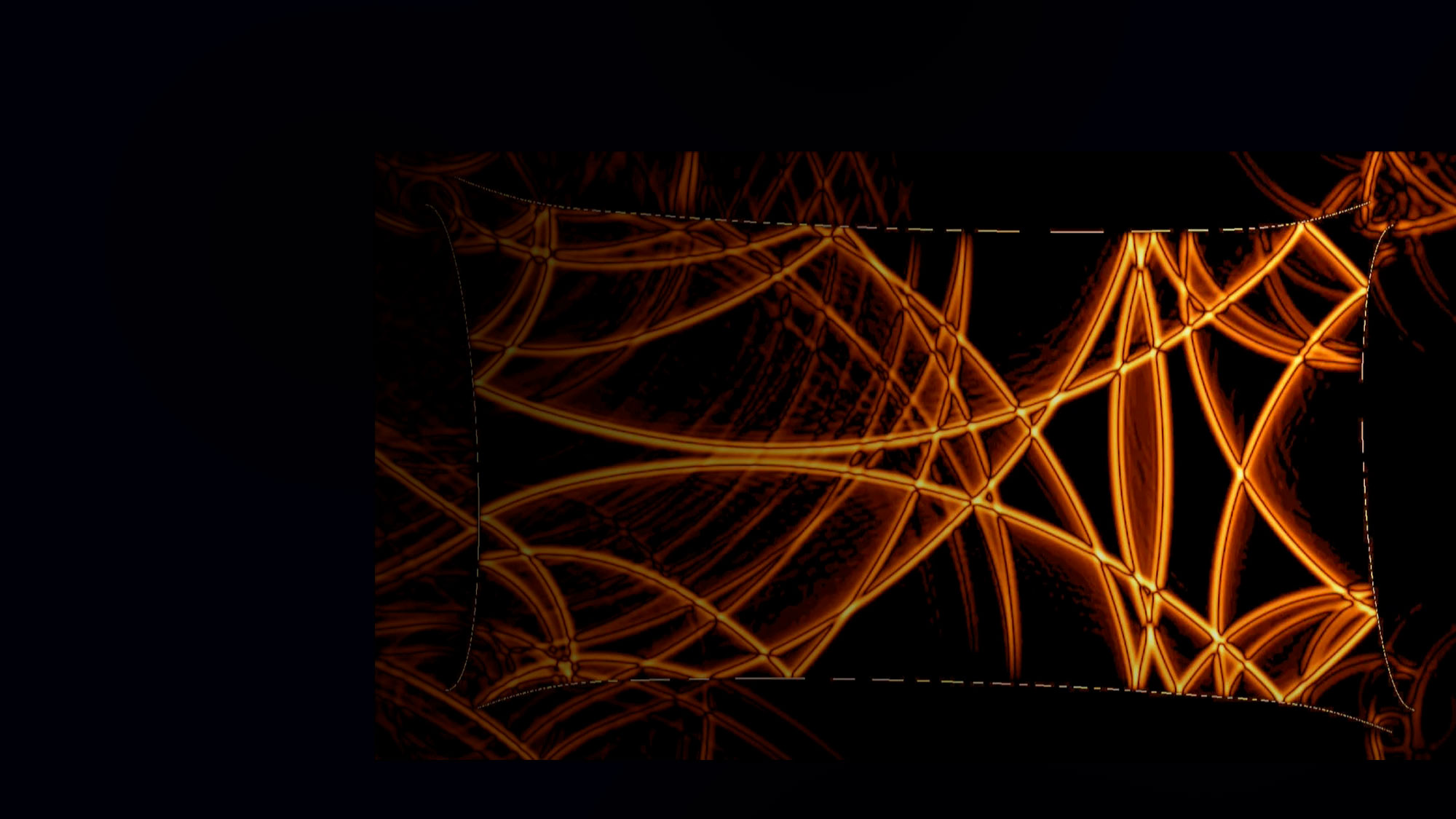 Abstract image of orange lines of light randomly placed among a black background. 