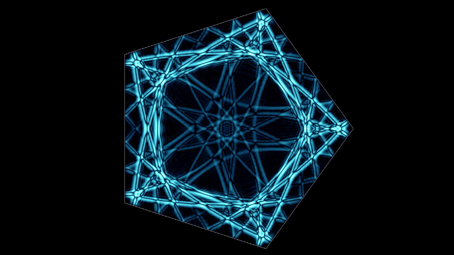 A computer draw image of blue lines of line making the shape of a pentagon. 