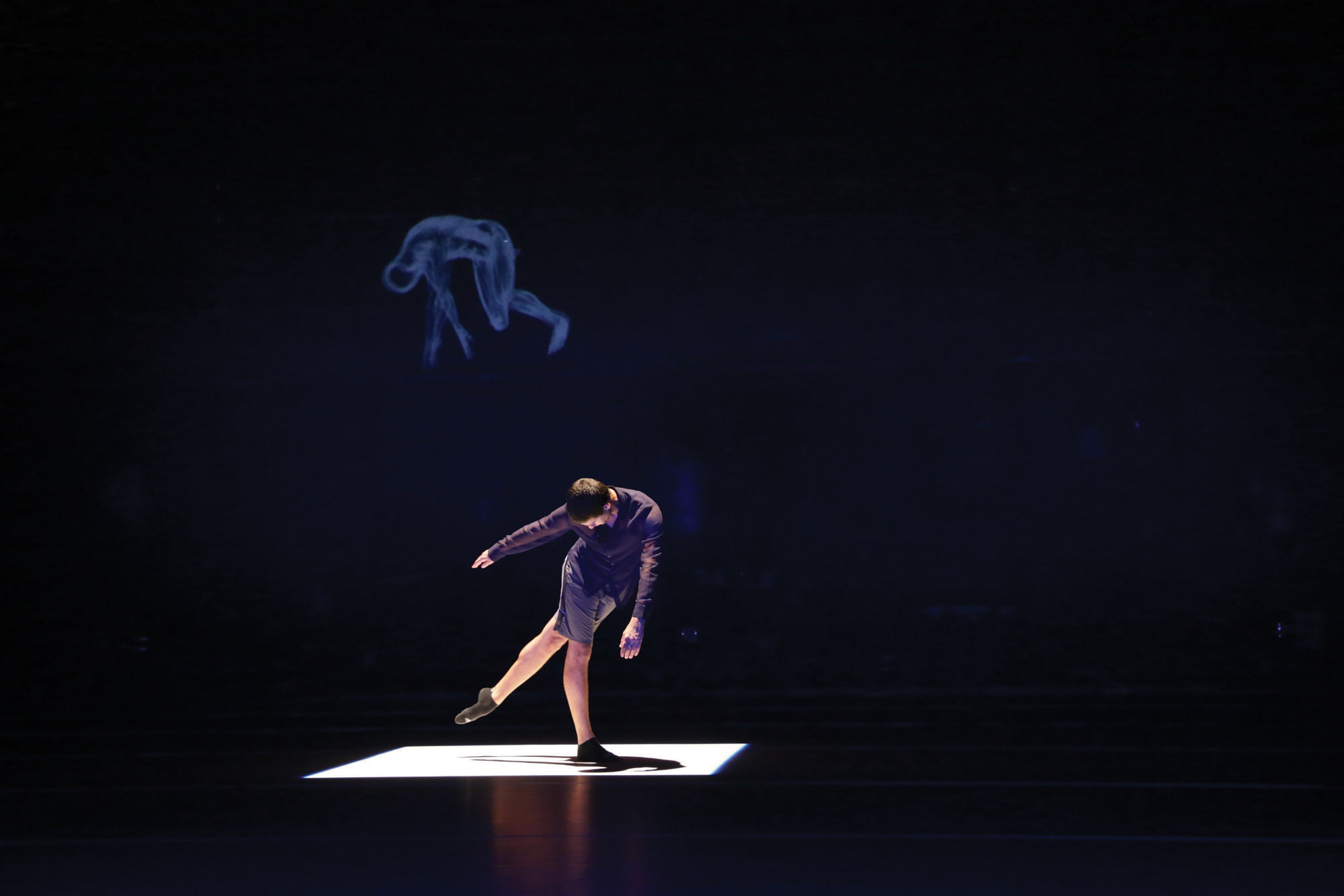 a dancer on a dark stage in a rectangular spot light in front of a projection of their body. 