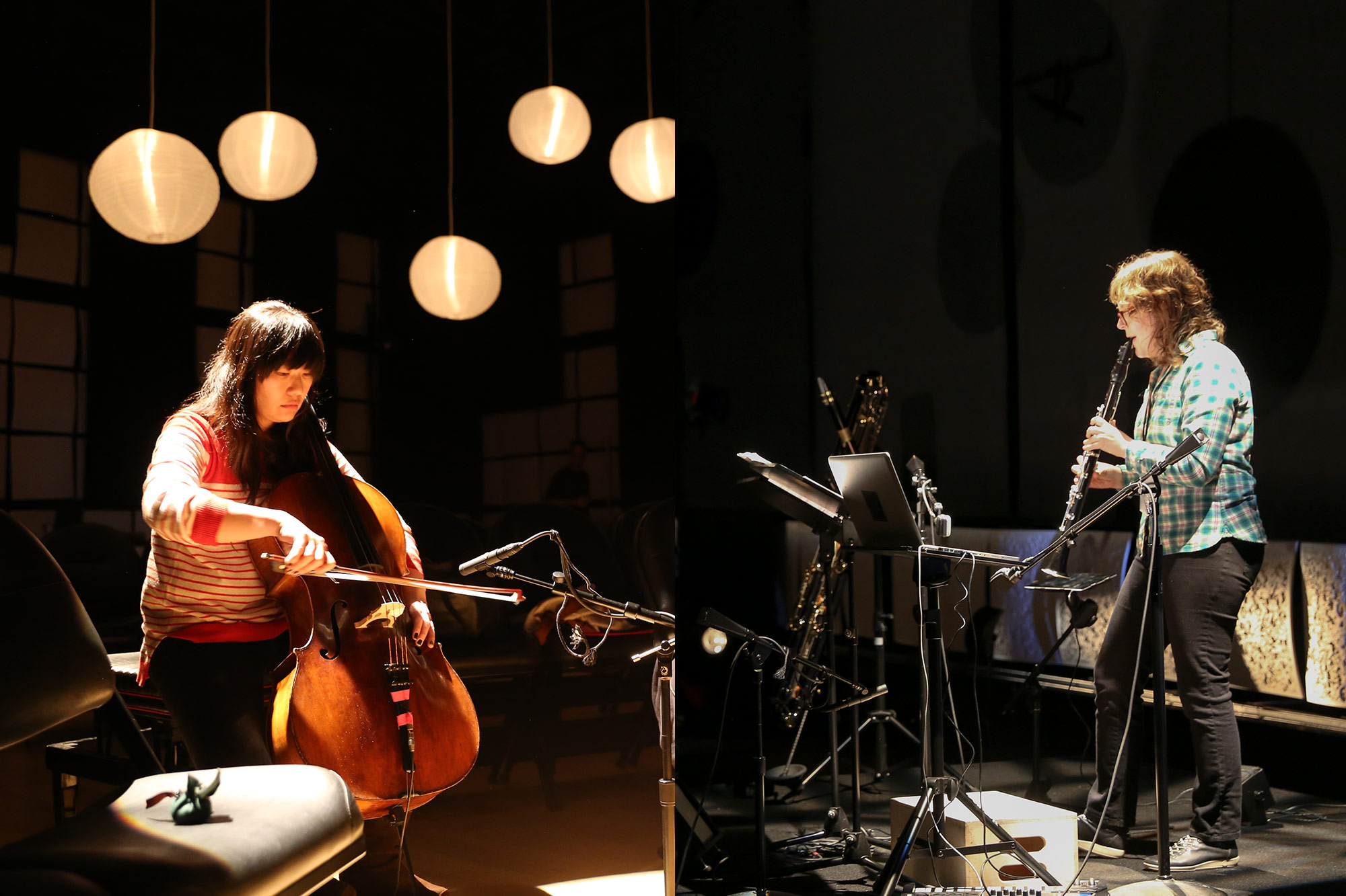A split screen, on the left an asian woman plays the cello under a canopy of lit sphere paper lanterns. On the right, a white woman playing the clarinet in front of a music stand and a microphone setup. 