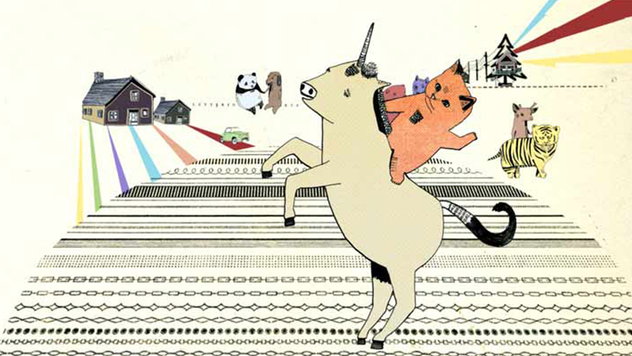 An illustration of an orange cate riding a white unicorn with a cabin in the background. A deer riding a tiger and a panda holding hands with a dog are also in the background. 