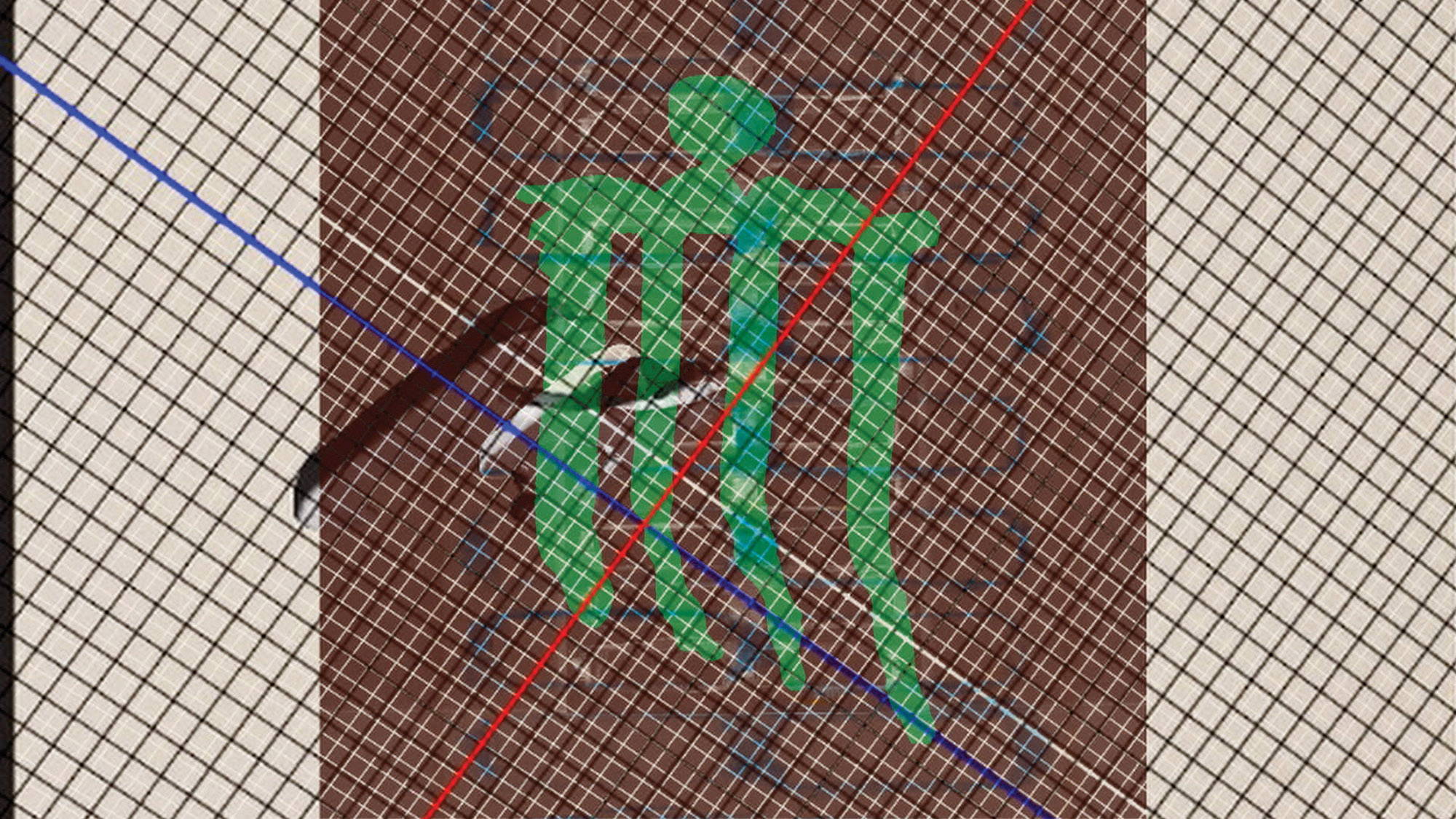 AN abstract green comb shape overlaid with a grid and red and blue lines. 