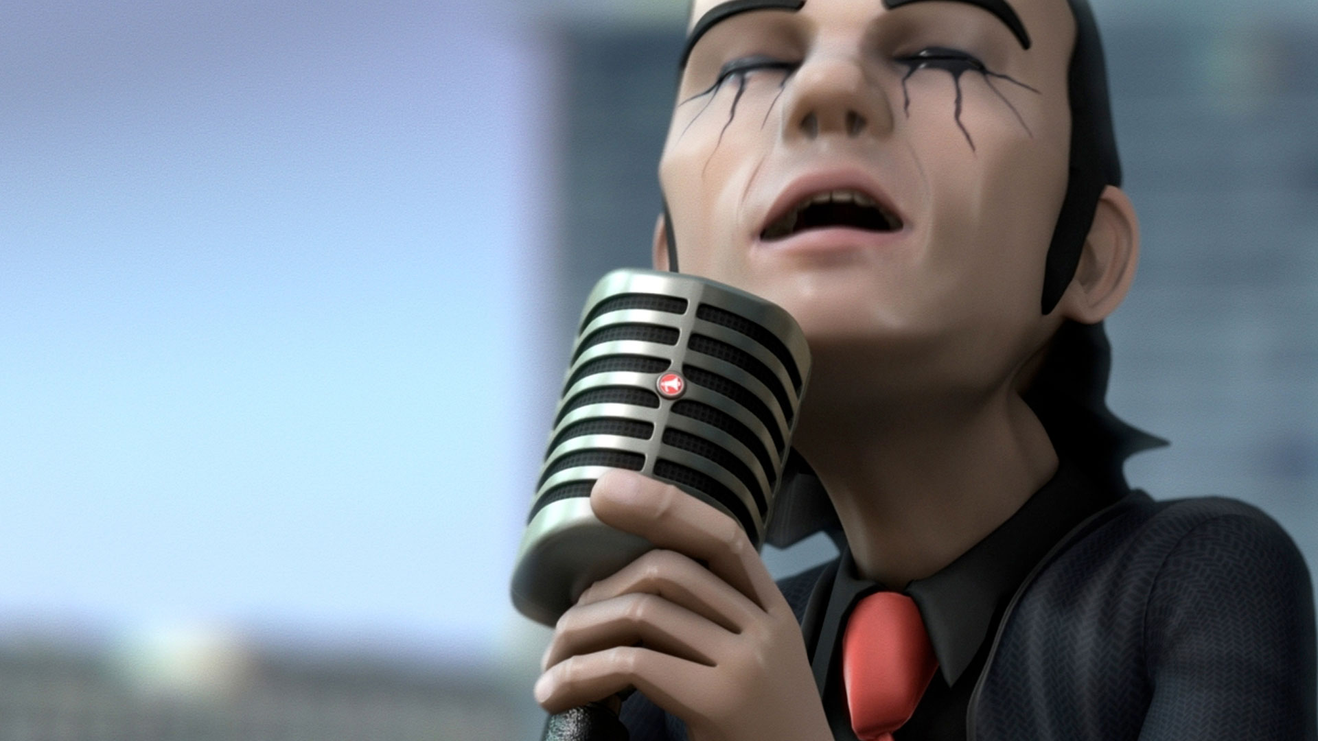 An animated image of a performer wearing dramatic black eyeliner, a black button up, and red tie, singing into a vintage style microphone. 
