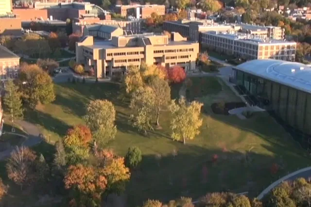 An aerial view of EMPAC and the RPI campus in the Fall. 