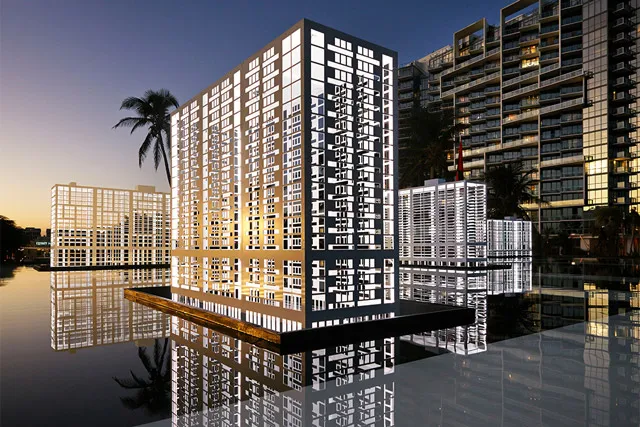 Renderings of four high rise building floating in a body of water in a tropical location. 