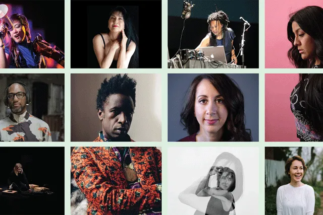 A collage of twelve images of people in a grid. 