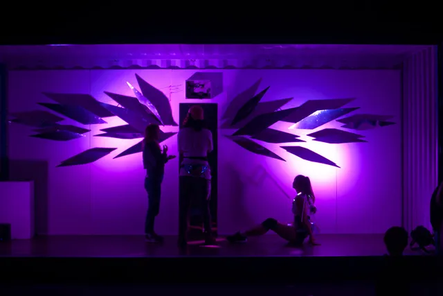 Two people on stage silohetted against a purple lit background with geometric leafy like shapes. Another person stance with back to the view in the middle of the scene, but hidden by a shadow.