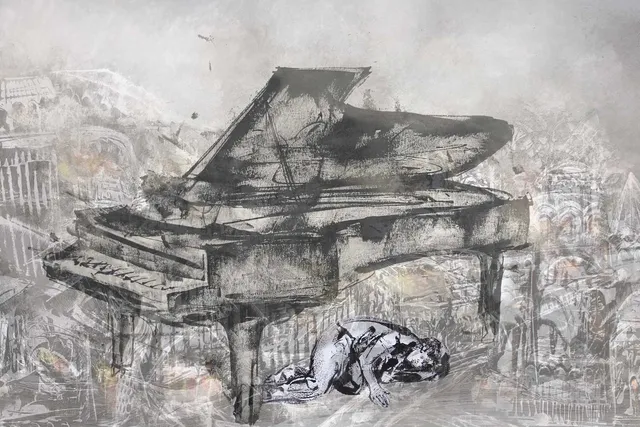 A sketch of a grand piano with a person curled up underneath it.