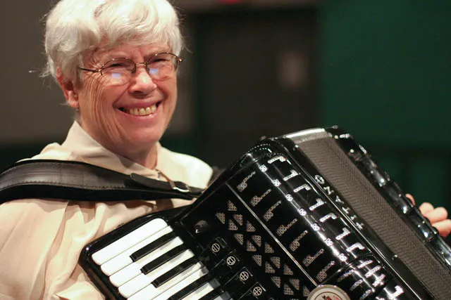 Pauline Oliveros with her accordion. 
