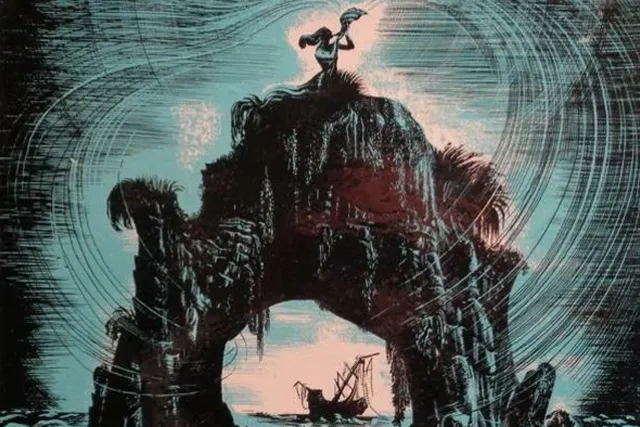 An illustration of a woman blowing a trumpet on top of a oceanic monolith with a hole in the center. A ship is seen through the hole in the distance. 