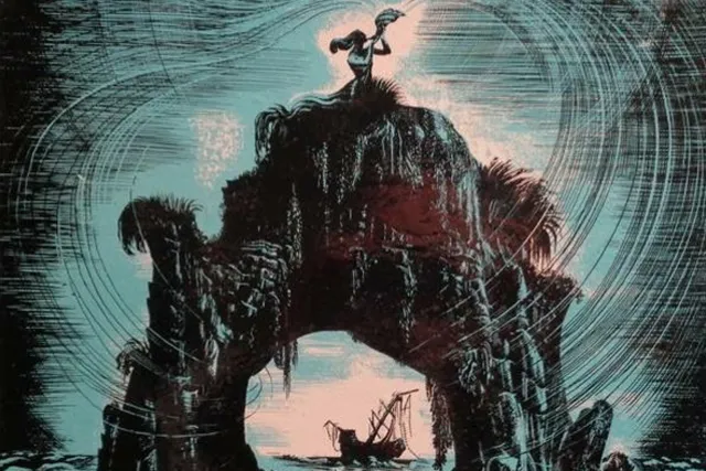 An illustration of a woman blowing a trumpet on top of a oceanic monolith with a hole in the center. A ship is seen through the hole in the distance.