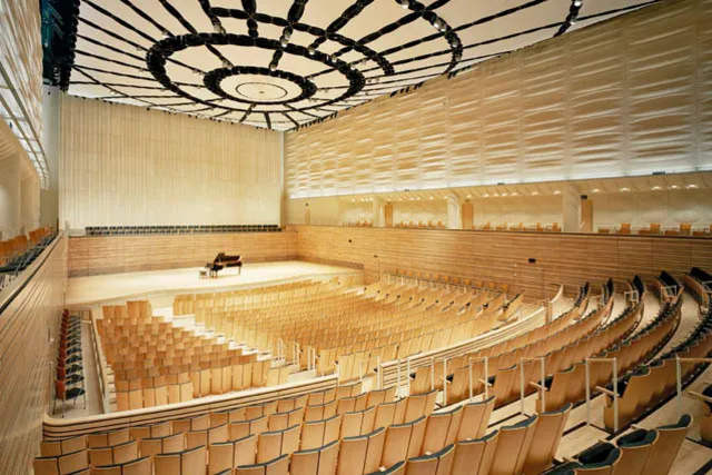 A single piano sitting on an empty Concert Hall stage. 