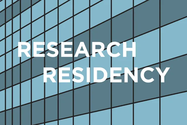 Research Residency in bold white font over a grid of light and dark blue squares. 