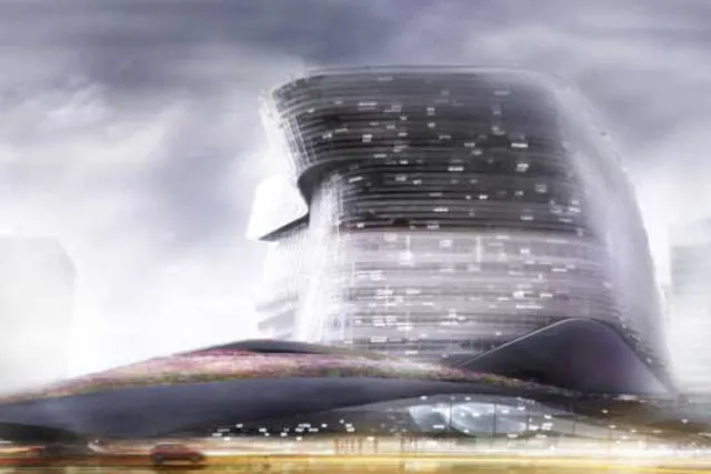 A rendering of a futuristic building seemingly made of glass and mimicking waves set on a stormy day. The building is called NOHALO