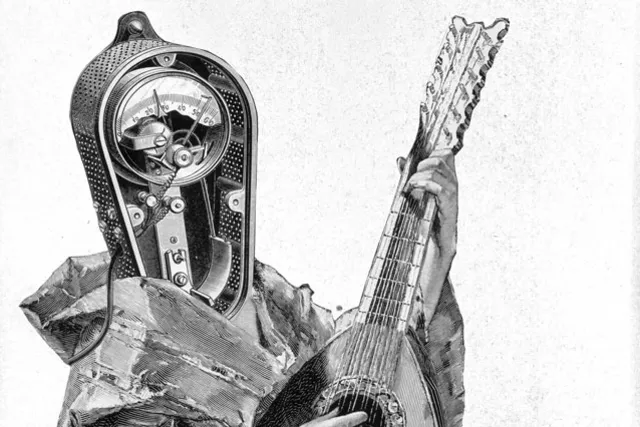 An illustration of a human body playing a mandolin with a gauge or clock as a head.