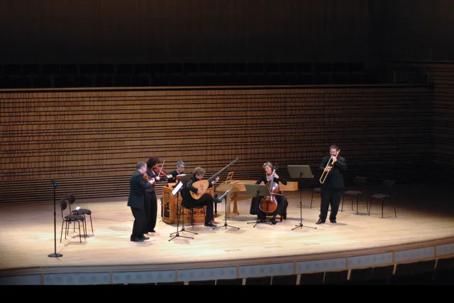 A small orchestra gathering in the middle of the concert hall stage playing in concert. 