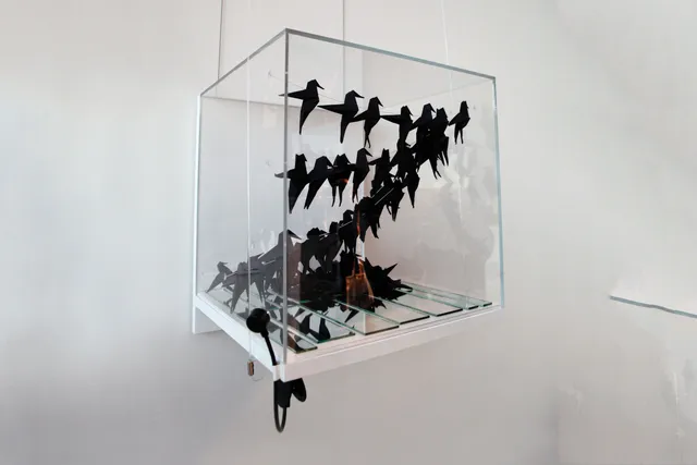 A plexiglass cube with black origami birds perched on a wire, filling the box. 