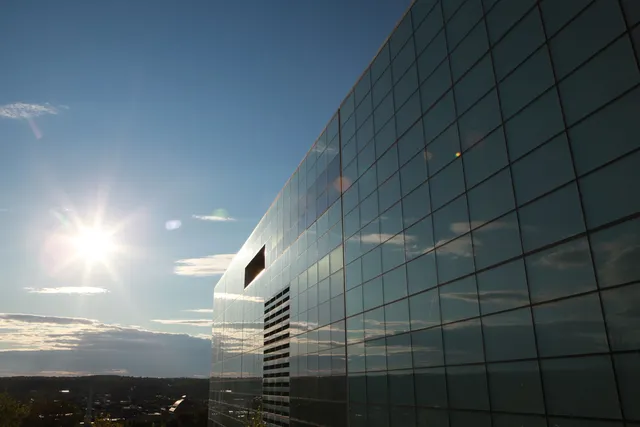 EMPAC's south façade on a sunny day.