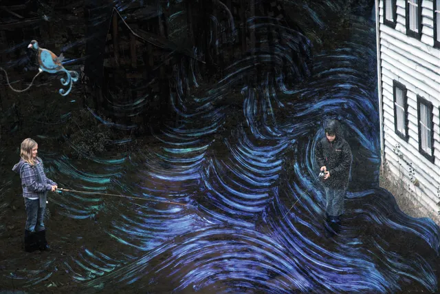 Two children standing by a White House fishing in waves of blue and green brush strokes