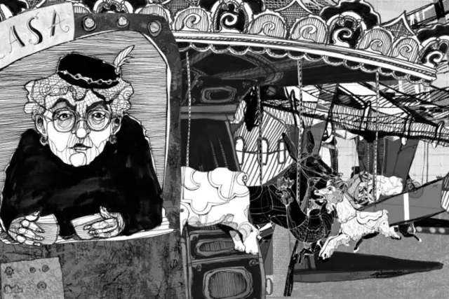 A black and white ink illustration of an older woman wearing a pill box hat and netting fascinator sitting in a game console at a carnival in front of a carousel.  