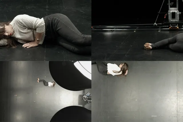 Four frames capturing Patricia Boyd laying down on a black floor from the front, back, and aerial views 