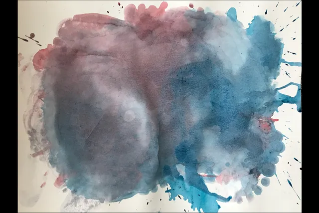 An abstract painting painting using pink and blue ink in an organic shape. 