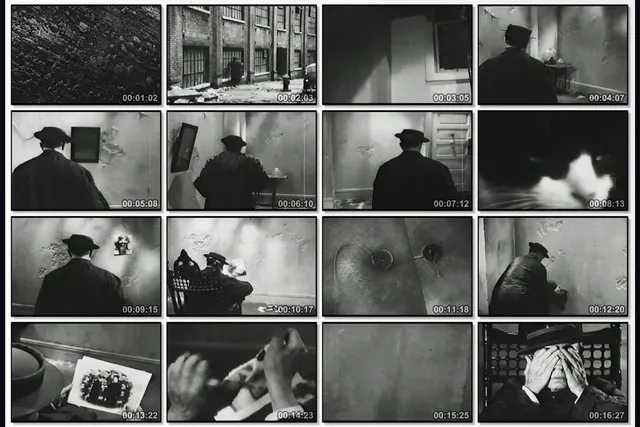 A grid of sixteen vintage film stills depicting a man wearing a 30's era trench coat and hat walking up to and through a distressed building.