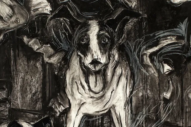 A charcoal drawing of a rat terrier with their ears up and tongue out. 