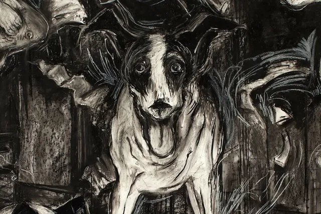 A charcoal drawing of a rat terrier with their ears up and tongue out.