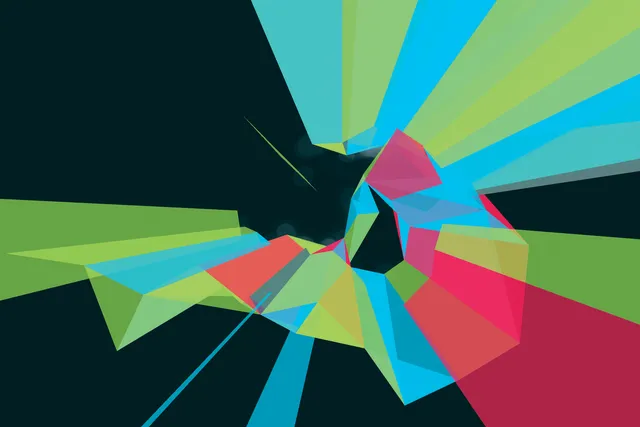 A computer generated image of a prism of magenta, lime green, and teal on a black background.