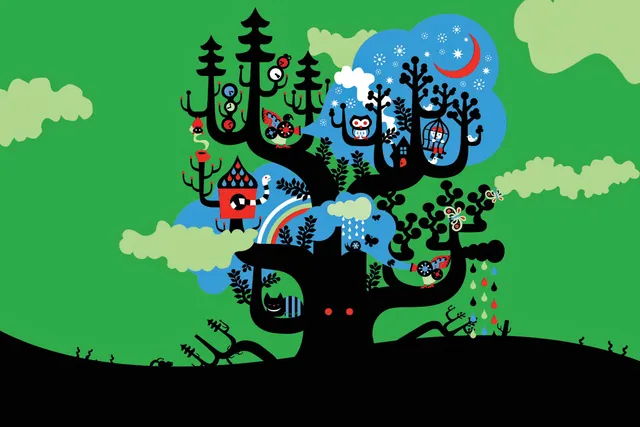 A black illustrated whimsical tree with multiple branches, each holding different creatures, like birds, owls, butterflies, and worms set in front of a green sky.
