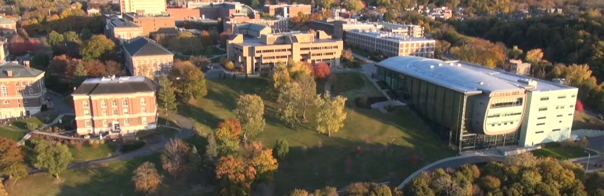 An aerial view of EMPAC and the RPI campus in the Fall. 