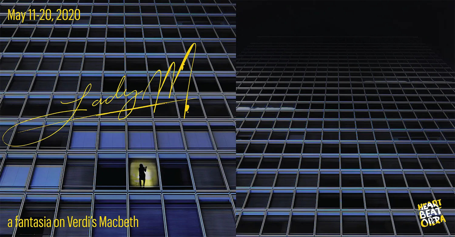 A high-rise building of blue tinted windows. A woman is silhouetted in a window lit by yellow light, May 11-16 2020, Lady M!