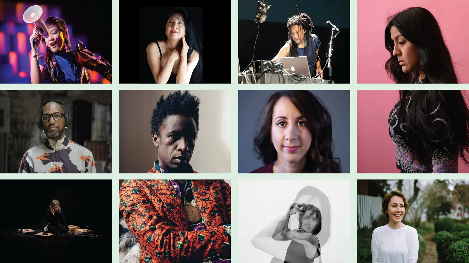 A collage of twelve images of people in a grid. 