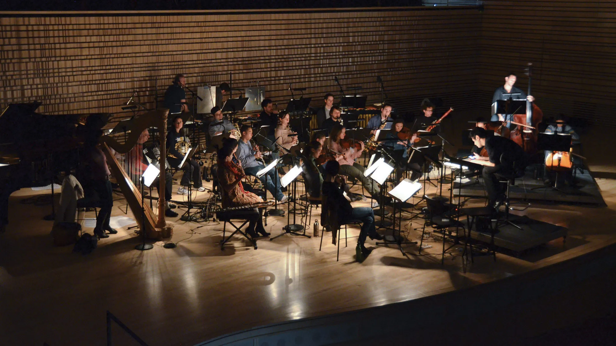 An orchestra performing on the concert hall stage in dim lighting.