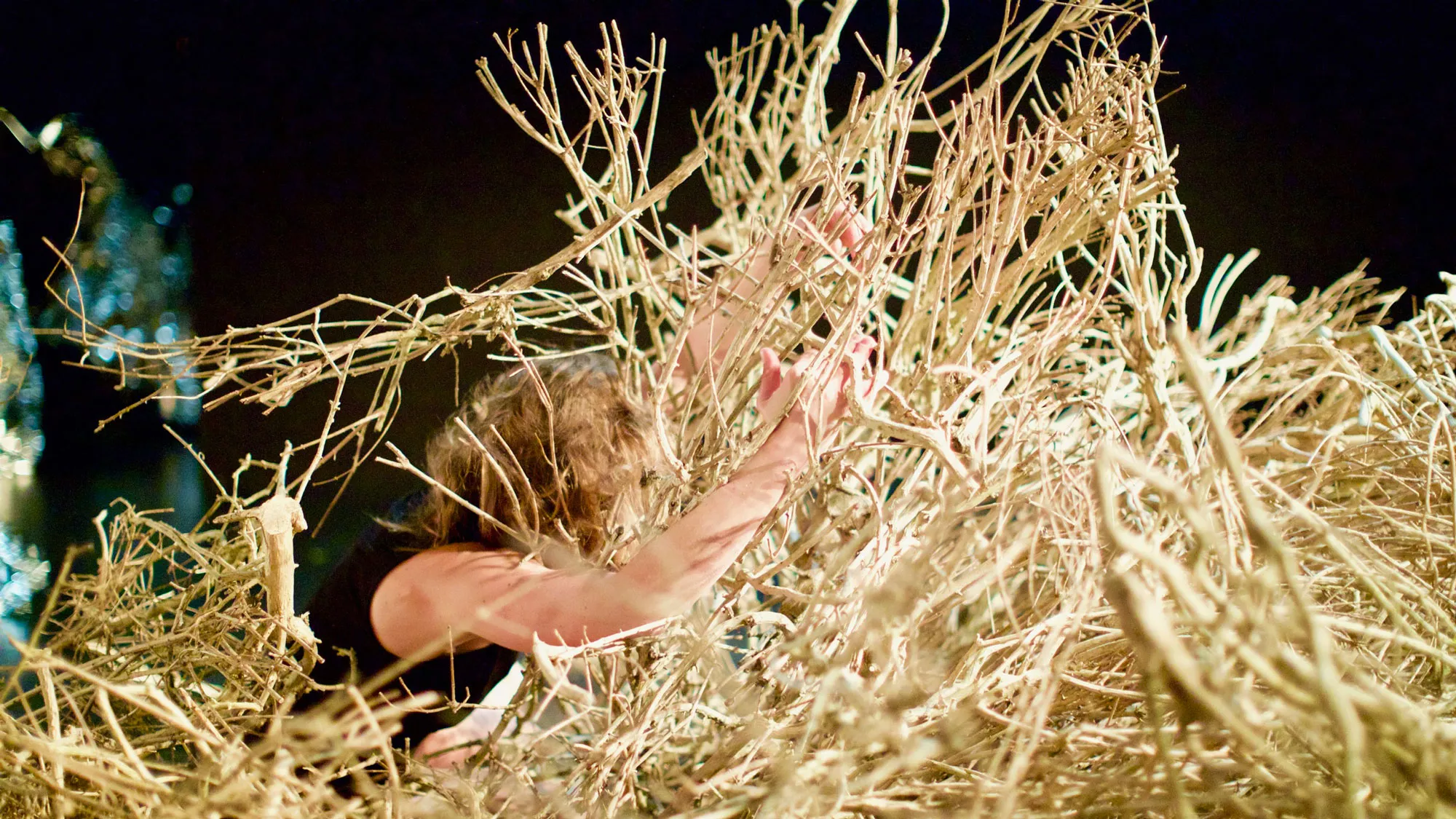 a person laying in a pile or nest of tan dried brush.