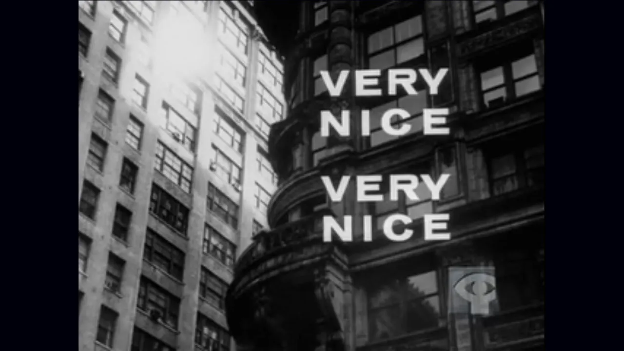 Black and white turn of the century building facade in a city with the text 'VERY NICE, VERY NICE' in bold font over top.